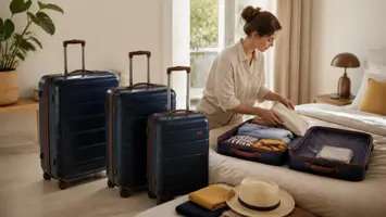 Kofferset met handbagage- en ruimbagagekoffers naast elkaar