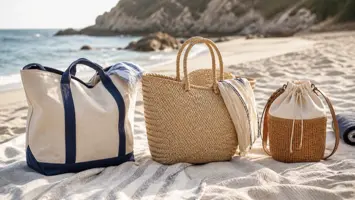 Diverse strandtassen van stro, rattan en canvas op een rij