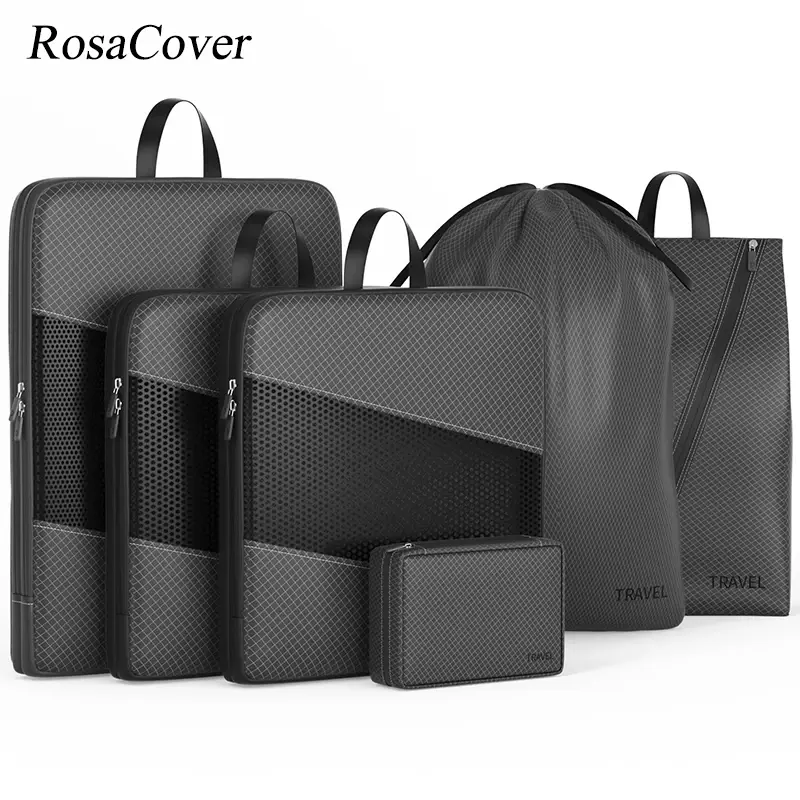 Set van zes compressie packing cubes in verschillende maten met losse schoenenzak