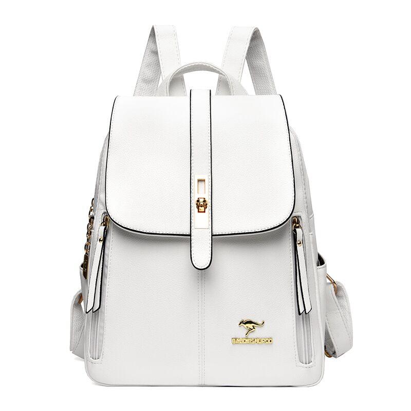 Witte vintage dagrugzak van PU-leer voor dames met flapsluiting en metalen gesp